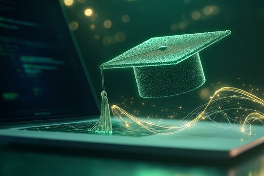 Digital graduation cap made of green glowing lines hovering above a laptop with programming code on the screen. Futuristic concept of online learning and technology in education