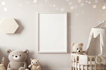 Modern nursery interior with a framed poster mockup, a gray wall, soft pastel bunting, a teddy bear, and a stylish crib with dotted fabric, creating a cozy and playful atmosphere