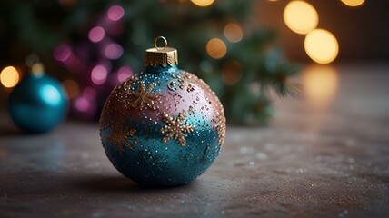 Christmas and new year design. Christmas ball near spruce branch with festive lights