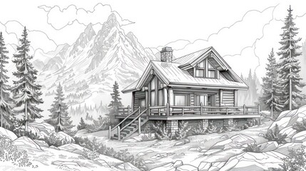 Mountain cabin architectural sketch.