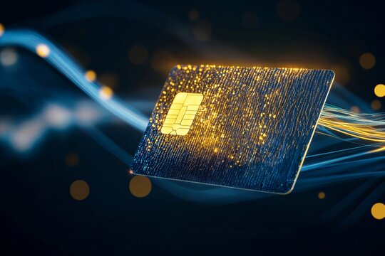 Futuristic concept of digital payments and financial technology. Modern credit card with glowing microchip 