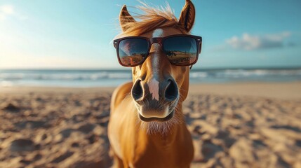 Funny horse wearing sunglasses on beach, close-up, playful expression, sunny day, humorous scene, summer fun, unique animal portrait, outdoor adventure