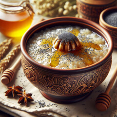 A bowl of creamy porridge topped with poppy seeds and a dollop of honey, served in a rustic ceramic bowl