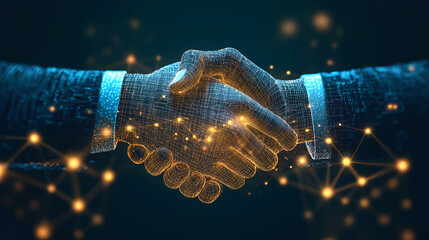 Futuristic Business Partnership Representation with a Digital Handshake, Blockchain Technology, and Secure Networked Connections for Verifiable Official Documents