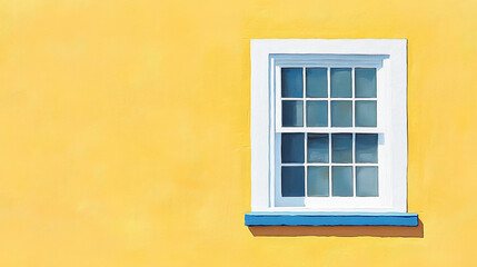 Sunny Yellow House Exterior with White Window and Blue Sill