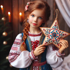 Young girl in traditional Ukrainian embroidered dress holds decorative golden Christmas star ornament