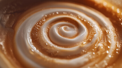 An artistic spiral of coffee foam being stirred in a cup, creating hypnotic patterns
