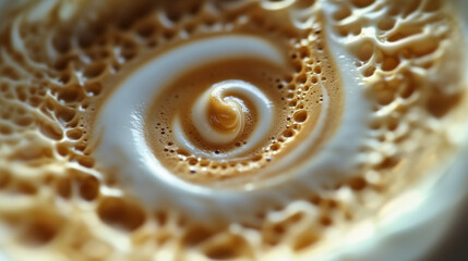 An artistic spiral of coffee foam being stirred in a cup, creating hypnotic patterns