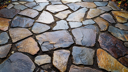 Fototapeta premium Irregular Stone Pathway Garden Walk Cobblestone Texture Rustic Path Natural Stone Fla