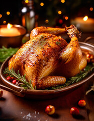 A golden-brown, roasted turkey with sprigs of rosemary and cranberries, resting on a copper tray, surrounded by festive lights