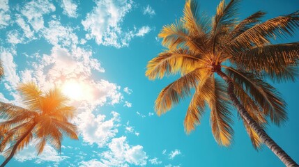Sunlit tropical palm trees with bright blue sky, vacation paradise view, summer beach scene, sunlight filtering through leaves, warm and relaxing, nature background
