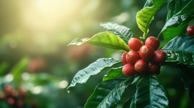 Fresh red coffee cherries on wet green leaves, close-up of coffee plant in sunlight, ripe berries, natural cultivation, coffee farming, tropical agriculture