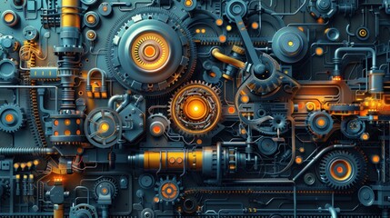 Fototapeta premium Abstract steampunk machine, complex gears, pipes, and mechanisms.