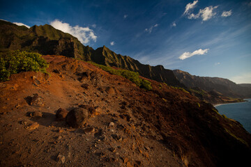 Rocky cliffside of beautiful Hawaiian island, wide shot