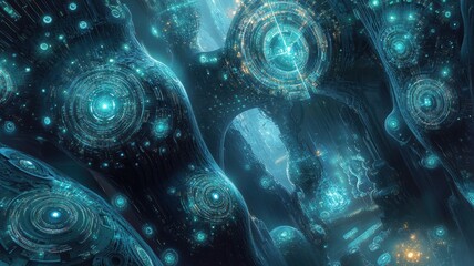 Fototapeta premium Biomechanical structures with glowing circuits and organic shapes