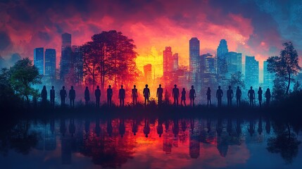 Fototapeta premium Silhouettes of People at Sunset, City Skyline Reflection in Lake