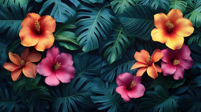 Tropical jungle floral arrangement with hibiscus and plumeria flowers, vibrant colors, exotic rainforest foliage, botanical pattern, lush greenery, nature backdrop, tropical plants, paradise vibes