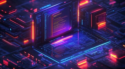 Obraz premium Neon Circuitry: A Digital Landscape of Code and Light