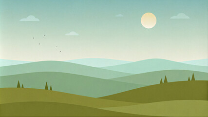 Obraz premium Peaceful vector landscape of rolling hills at sunrise, with soft pastel gradients, clean shapes, and a serene mood, designed for postcards, posters, and web graphics