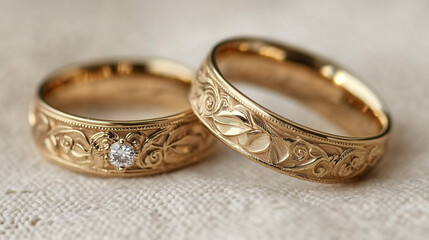 Elegant Gold Wedding Rings with Diamond   Floral Engraving