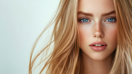 Naklejka premium Female Model With Striking Blue Eyes and Long Hair Poses Against a Soft Background in Natural Light