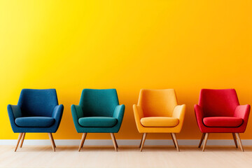 Colorful Retro Armchairs Arranged in a Row Against a Vibrant Yellow Wall