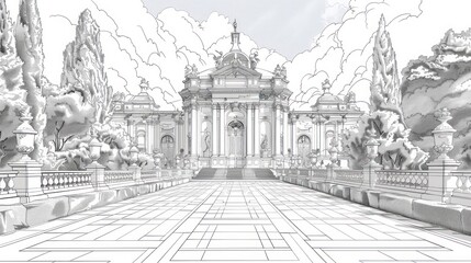 Obraz premium Architectural sketch of a grand palace with a long paved pathway, lush greenery, and cloudy sky.
