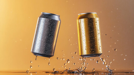 Refreshing Drinks  Iced Aluminum Cans  Golden   Silver  Water Splash