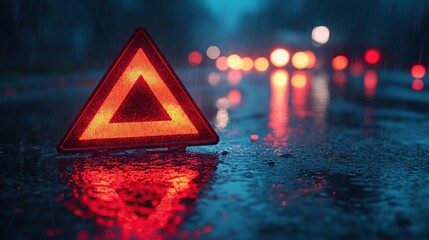 Rainy Night Emergency: Illuminated Warning Triangle on Wet Road