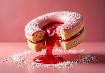 A Charming Pink Snack Cake with Cascading Strawberry Jelly, Showcased in a Beautifully Composed Eighties Advertisement