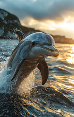 A dolphin jumps joyfully above the surface of sparkling ocean waters during a beautiful sunset.