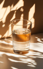 A clear glass filled with water sits on a surface, casting gentle shadows from nearby foliage during daylight.