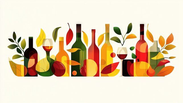 colorful wine bottles and leaves arrangement clip art preview