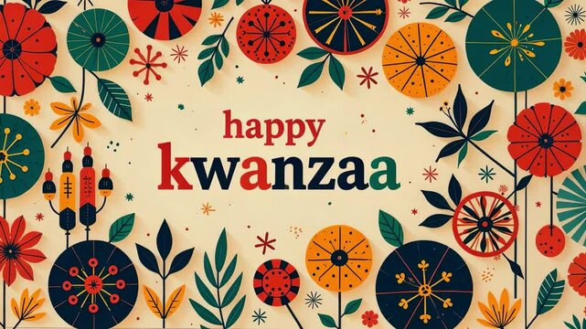 Vibrant kwanzaa greeting with colorful geometric patterns and kinara celebrating unity and heritage