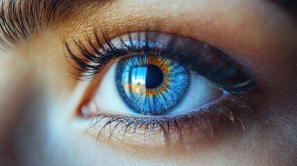 Fototapeta premium Close-up of blue eye with intense detail, vibrant colors in iris, beautiful human eye with realistic eyelashes, captivating eye anatomy and vision
