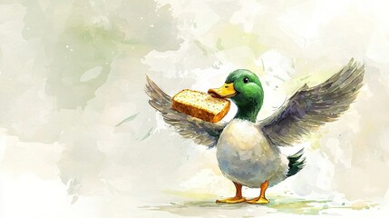  Watercolor painting of a duck with bread in beak and spread wings