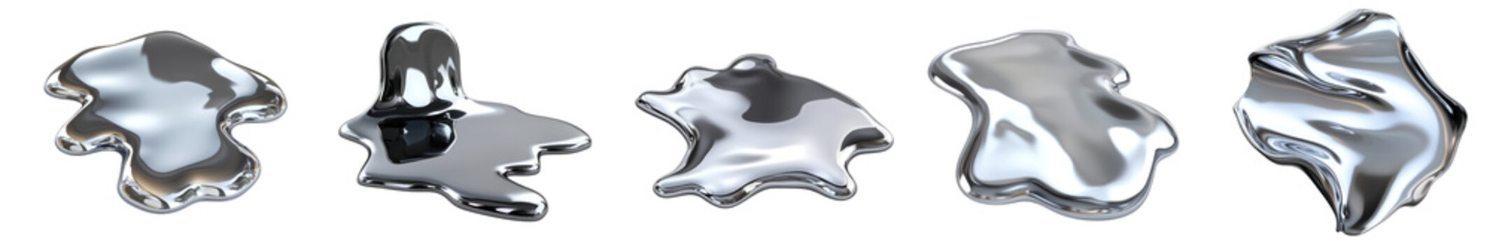 Melty chrome liquid metal shapes. Spilled drops, metallic puddle 3d collection isolated on transparent background, PNG. Clipart template 
