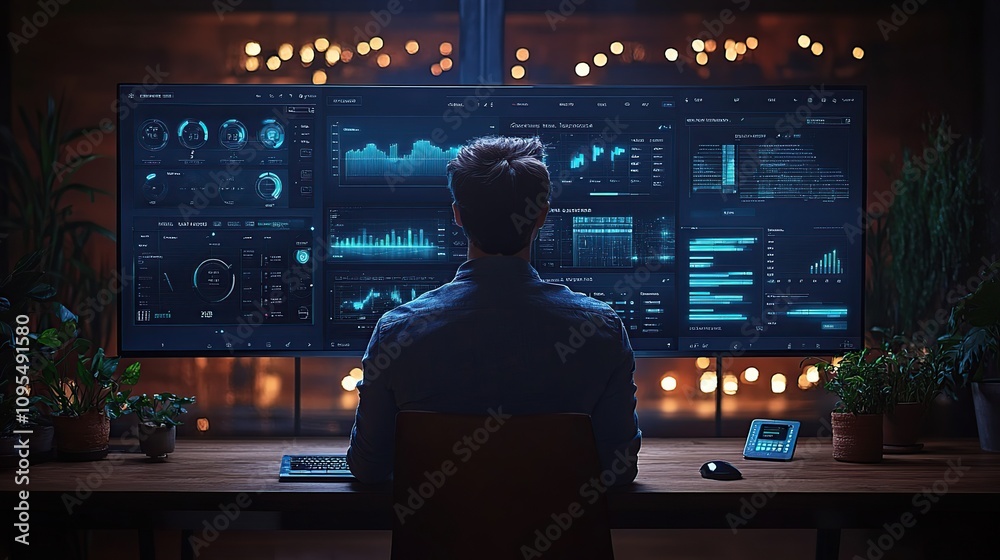 Poster a man sits in front of two large monitors displaying data and graphs. he is working late at night