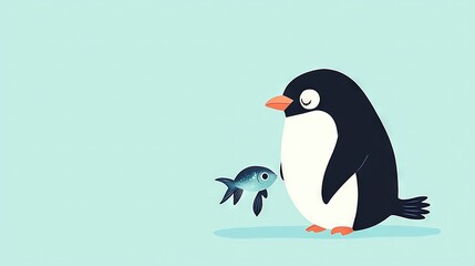 Naklejka premium A penguin holding a fish in its beak gazes at its reflection in the mirror