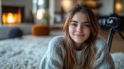 Smiling young woman with long hair sitting in cozy room, photography setup in background, natural lighting, warm and inviting atmosphere, at-home portrait session