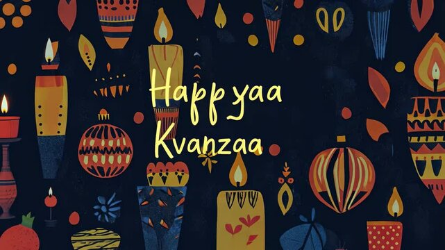 Colorful kwanzaa pattern with candles and ornaments on dark background, celebrating african heritage and unity concept