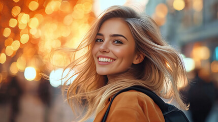 Obraz premium Vibrant banner featuring smiling woman amidst stunning urban copper lights autumn vibrancy energy expressing joy happiness