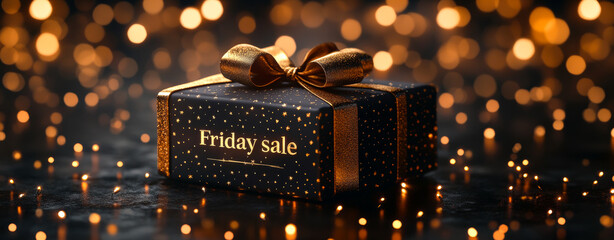 A gift box with a bow shines in a Friday sale, framed by sparkling golden lights in the background.