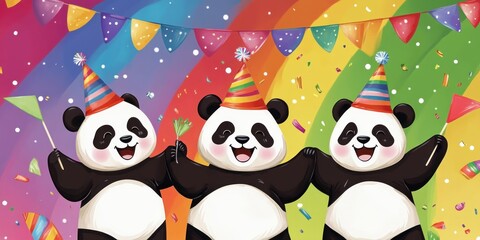 Fototapeta premium Colorful pandas celebrate in party hats with festive flags