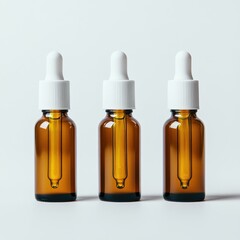 Three amber glass dropper bottles with white caps stand in a row against a plain white background, showcasing minimalist design in cosmetic packaging.