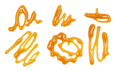 Dessert sauce, set caramel flavored topping isolated on white