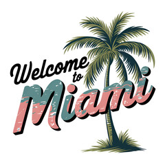 Welcome to Miami Sign with Palm Tree in Pink Pastel Aesthetic, Isolated on Transparent Background	