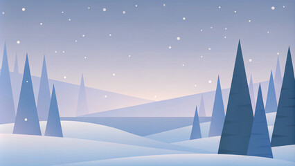 Modern abstract vector landscape of a snowy forest at dusk, with soft gradients, geometric tree shapes, and a peaceful atmosphere, ideal for postcards and wall art