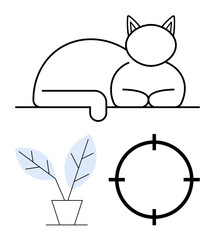 Minimalist line art featuring a resting cat, a potted plant with blue leaves, and a target circle. Ideal for pet themes, plant enthusiasts, aiming concepts, relaxation, simplicity, modern design