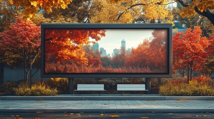 Outdoor city billboard with autumn trees, blank advertisement board, vibrant red and orange foliage, urban park, cityscape background, seasonal colors, fall setting